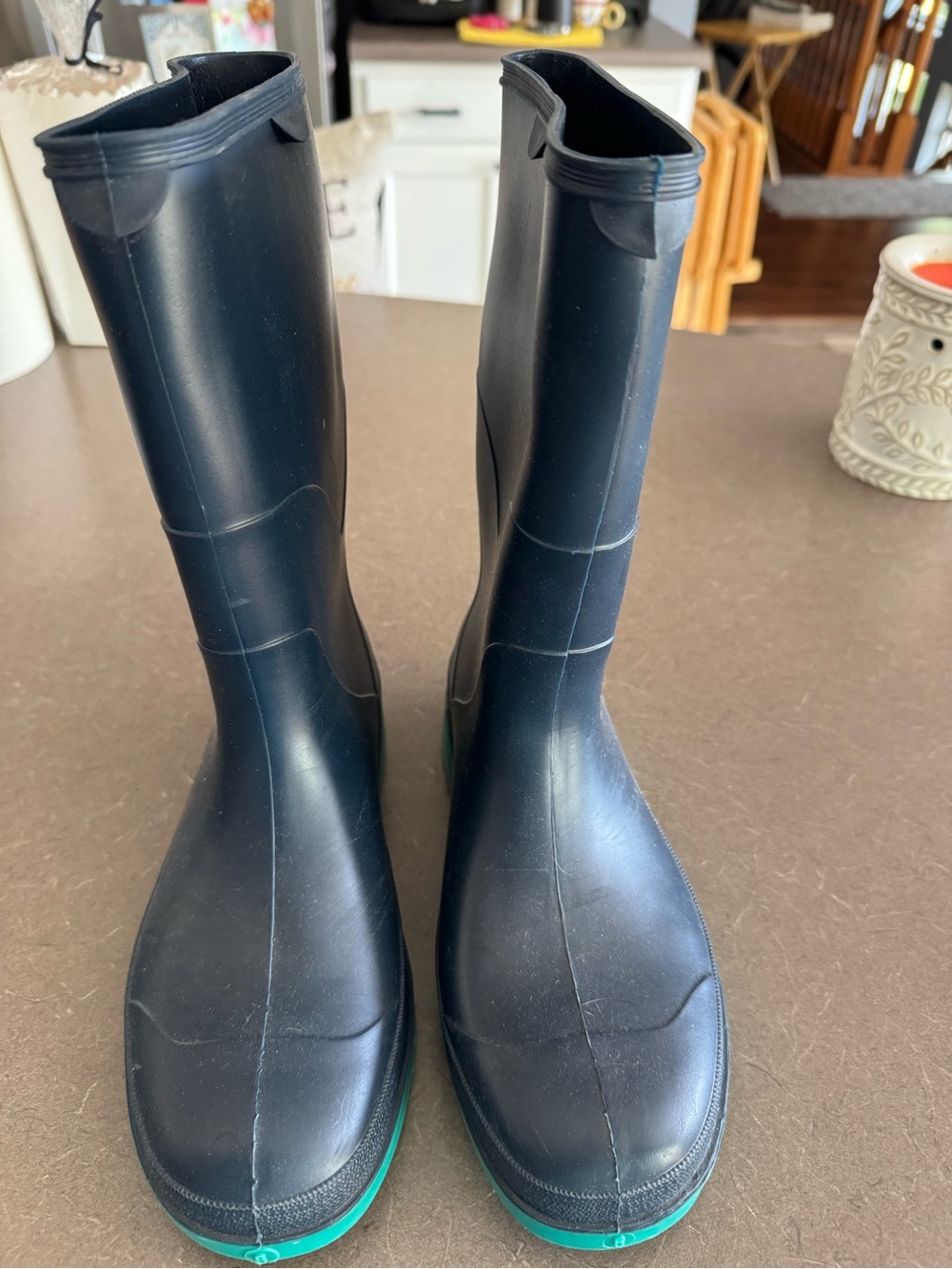 Tall Navy Rubber Rain Boots with Teal Sole Trim